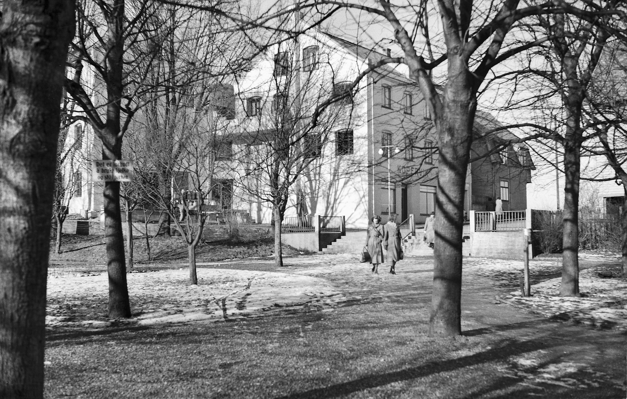 Parken En vårdag i parken med rester av snø og is ... På skiltet står det: "Det er forbudt å bruke kjelke og ski i parken" I bakgrunnen Kopervik meieri ...