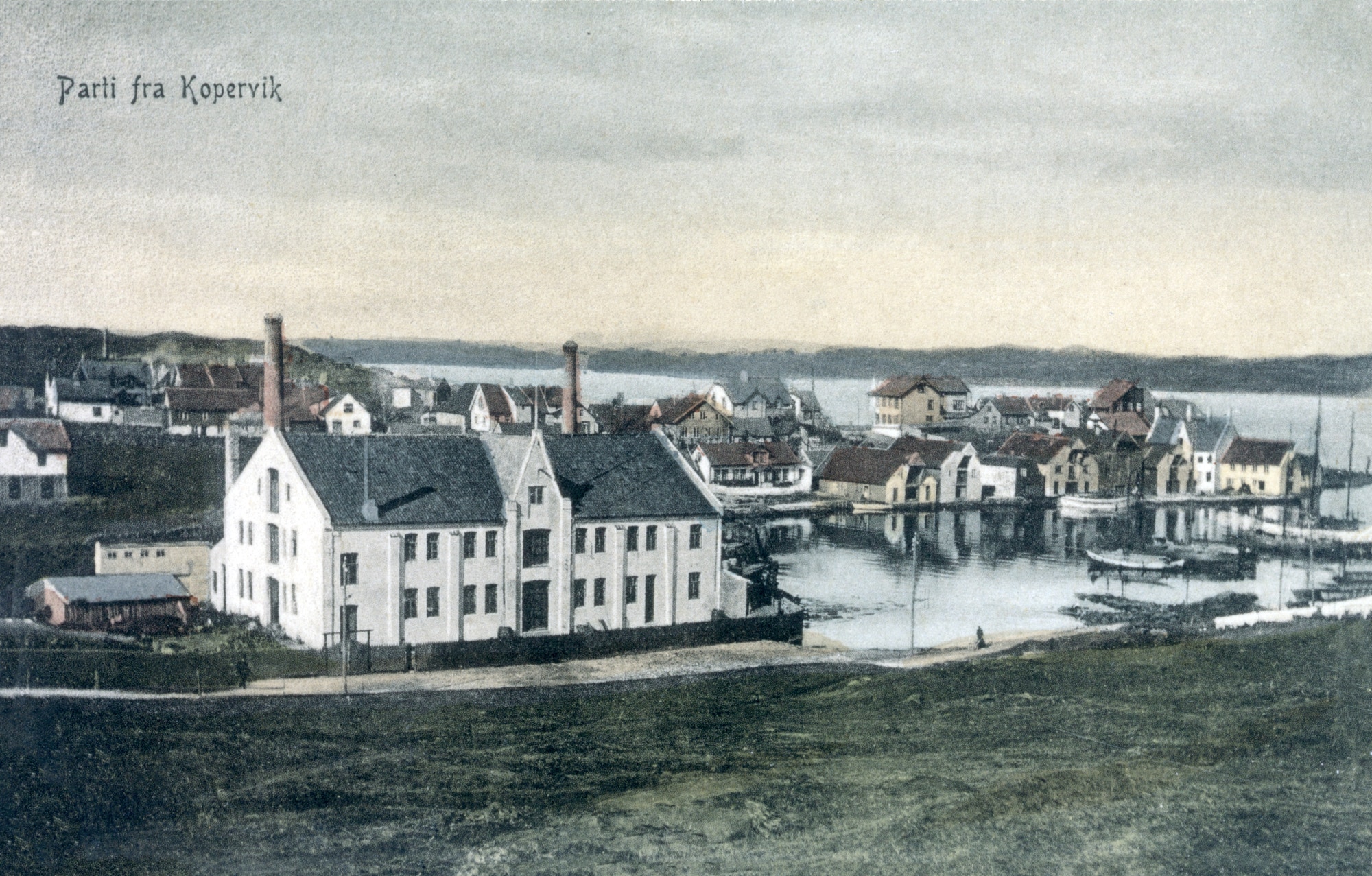 Vi ser Alliance Canners Ltd og Stangelandsvågen med deler av Treborg. Det var i dette bygget at den første hermetikkfabrikken i Kopervik ble registrert til firmaregisteret 9 august 1907 og fikk navnet Kopervik Hermetikkfabrikk. Allerede i april 1909 blir det opplyst at fabrikken blir likvidert/oppløst. Etter en del tid ble det til firmaregisteret registrert nytt firma på adressen med navnet Viking Canning Co. Ltd 20 Juli 1910. Disponent Olaf Sandaas.. Mest kjent er den allikevel som Alliance Canners Ltd, registrert til firmaregisteret 5 april 1920. tidlig 1932 ble fabrikken bortleid til A/s Standard Ltd. Rundt 1935 var det derimot helt slutt med hermetikk produksjon i lokalene.hermetikkfabrikken i Kopervik startet i 1906-1907. Den fikk navnet Kopervik hermetikkfabrikk. Etter tre år byttet den navn til Viking Canning Company. Mest kjent er den allikevel som Alliance Canners Ltd., som den het fra 1920.  Artikkel side 4 - hefte nr. 21
