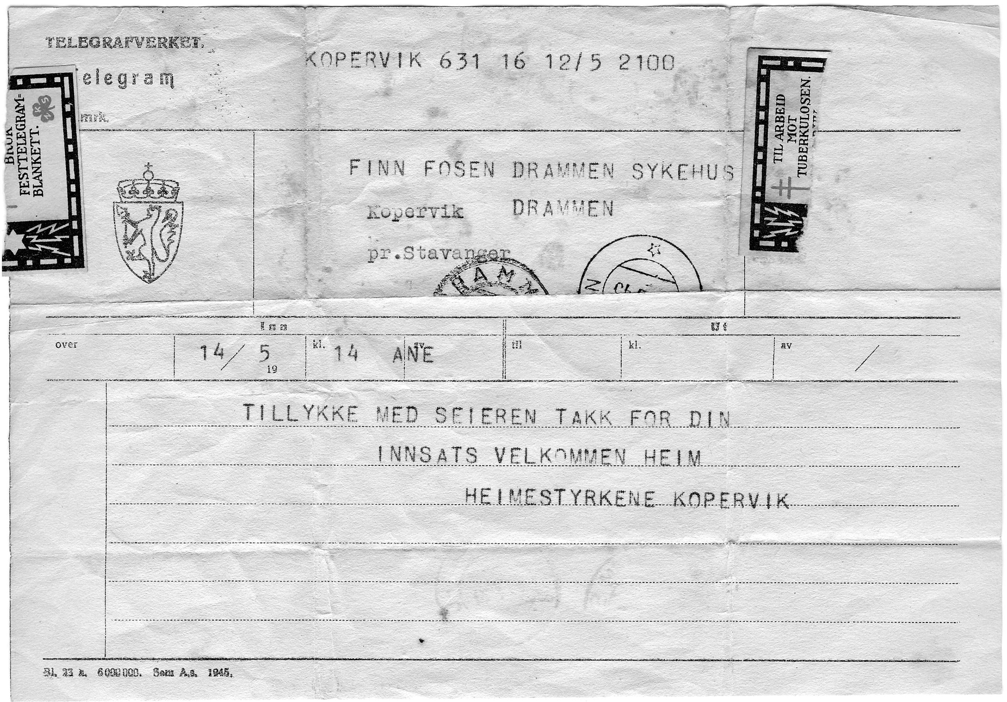 Kopervik idrettslag Telegram til Finn Fosen i anledning seieren ..... Telgrammet er adressert til Drammen sykehus og avsender er Heimestyrkene i Kopervik ...