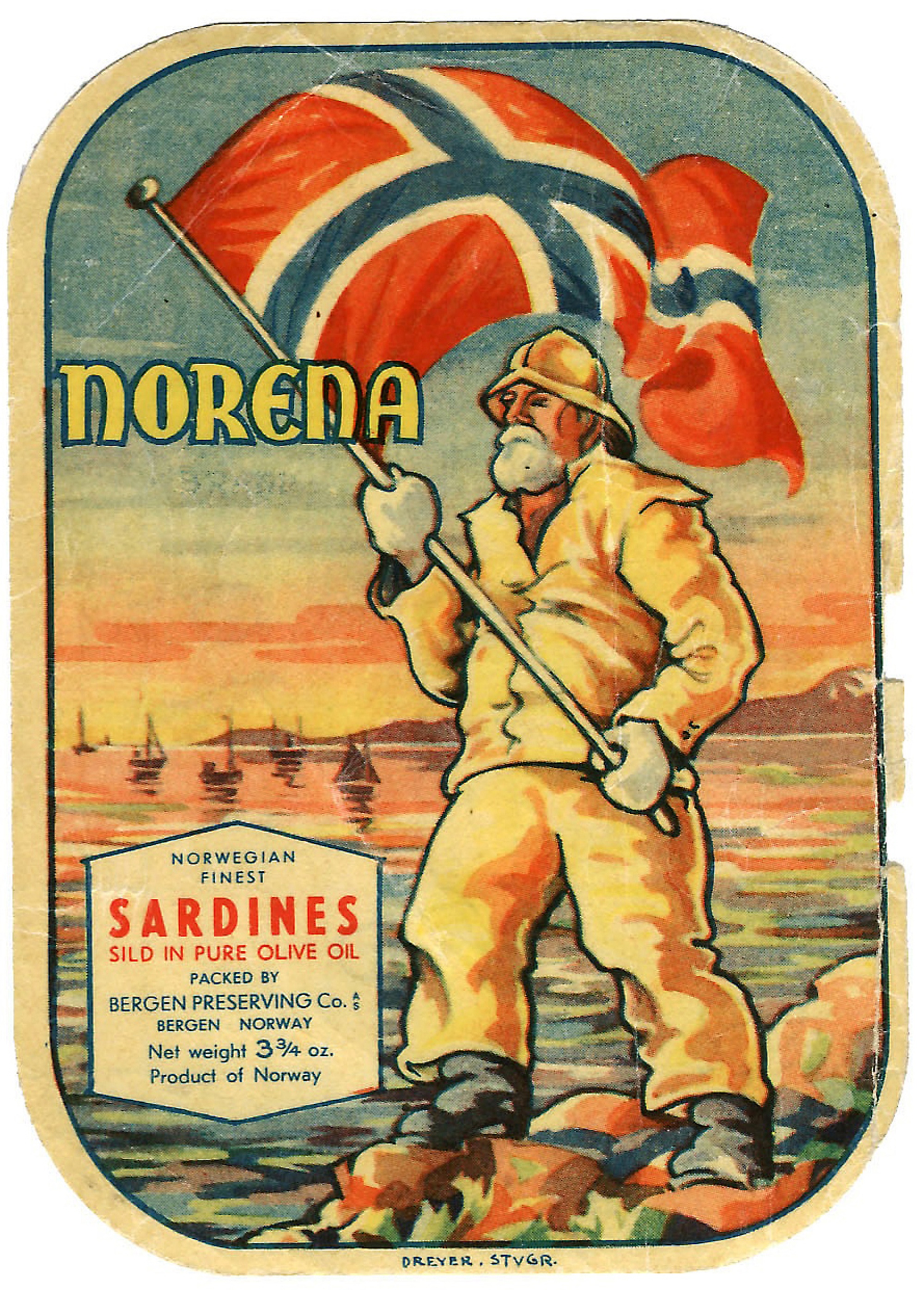 "Norena" - sardiner i olivenolje Bergen Preserving Co AS Laget av: Dreyer i Stavanger. Fabrikken i Føresvik het "Norena"