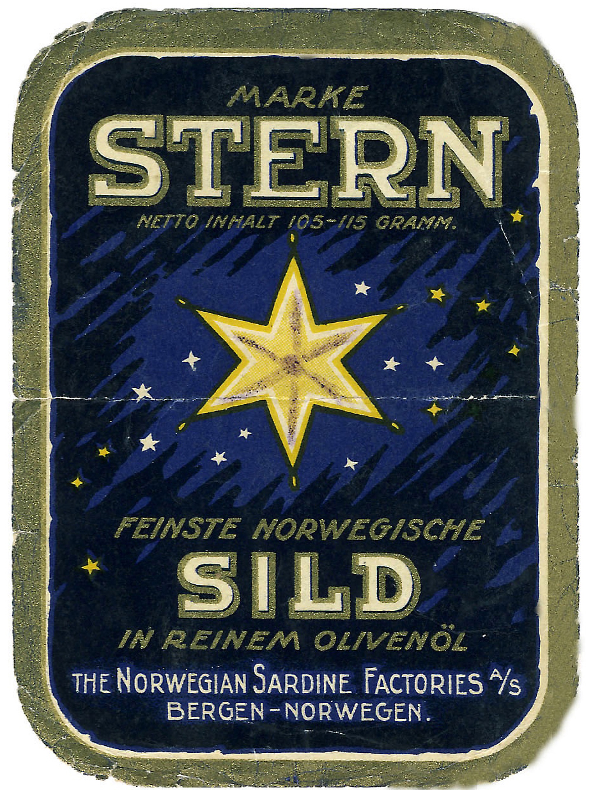 "Stern" - sardiner i olivenolje The Norwegian Sardine Factories AS (Tysk tekst) Fabrikken var i Kopervik- Hovedkontor i Bergen