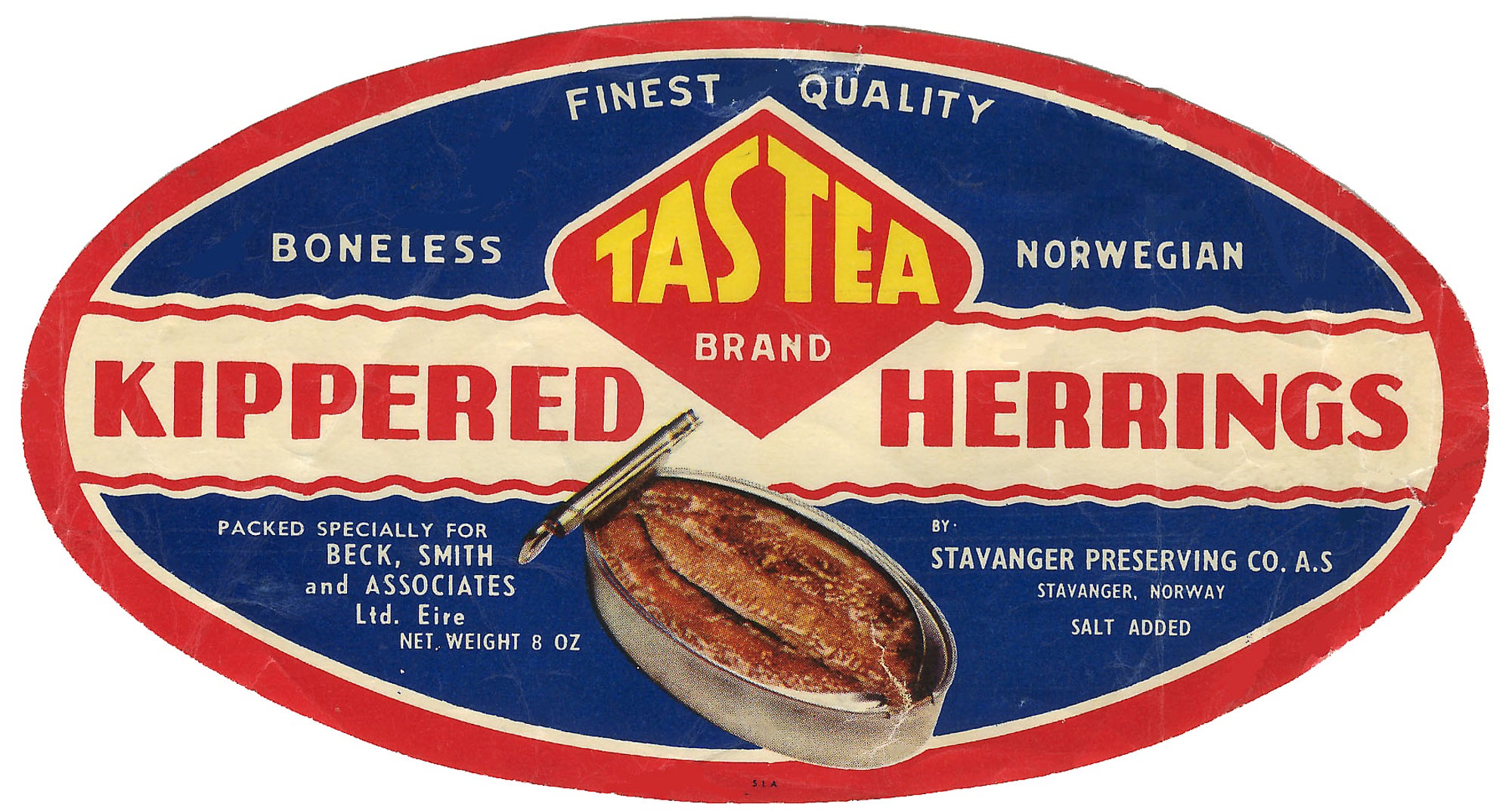"Tastea" - kippered herrings Pakket av Stavanger Preserving Co. AS for Beck, Smith and Associates Ltd., Eire Laget av: S. L. A.