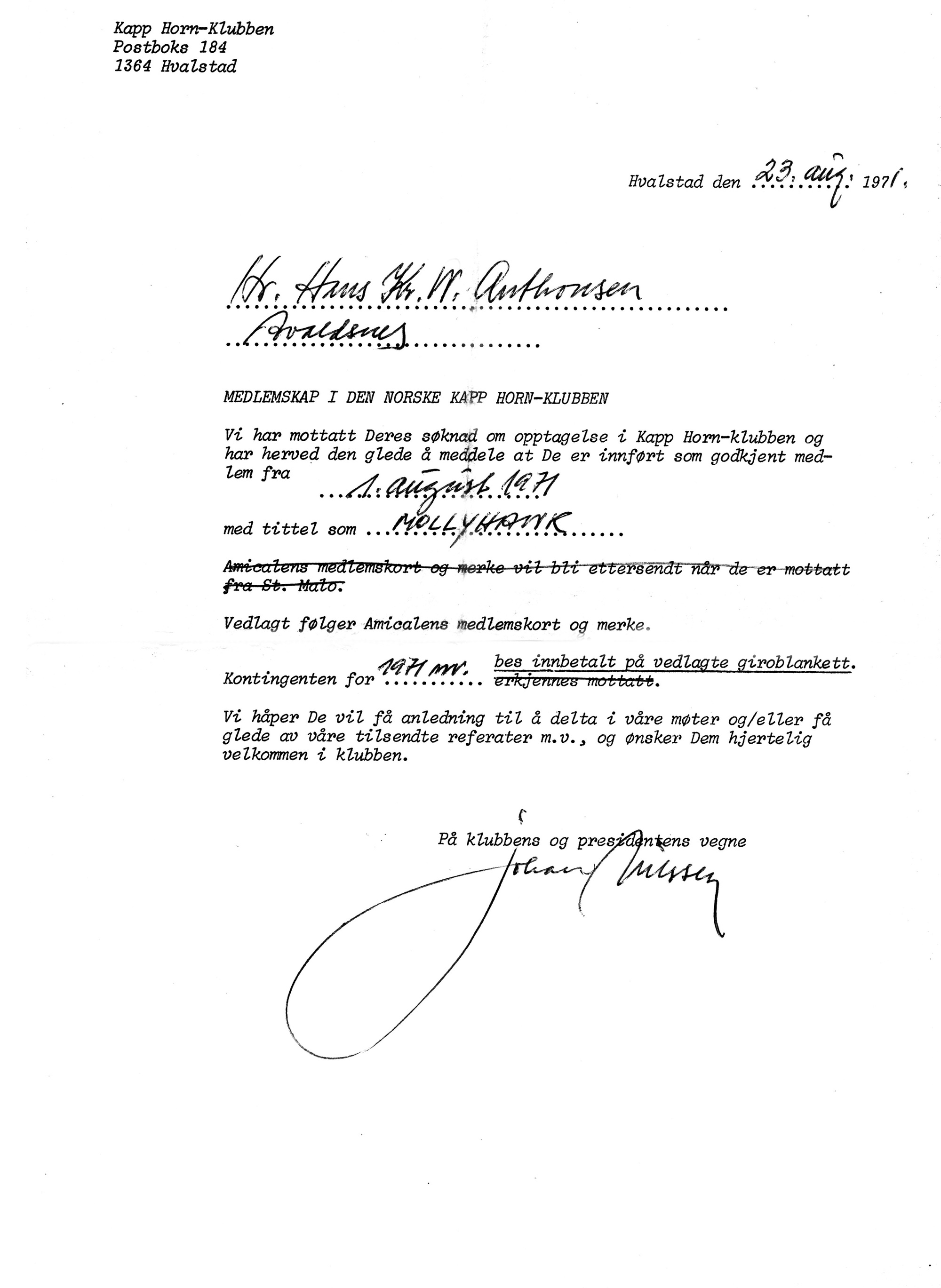 Medlemskapsbevis i Kapp Hornklubben Utskrevet til Hans Kristian Wilhelm Antonsen - 1. august 1971