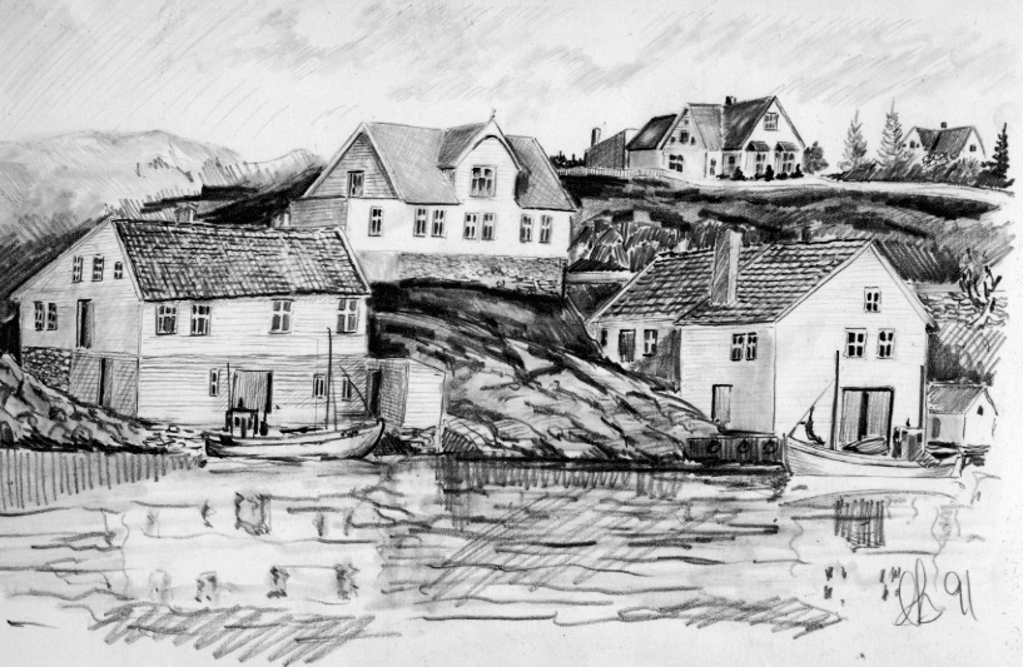 Blyanttegning av Norsiå ved Strømsund bro sett fra Havikbryggen. Tegningen er gjort i 1991 men motivet er eldre ...