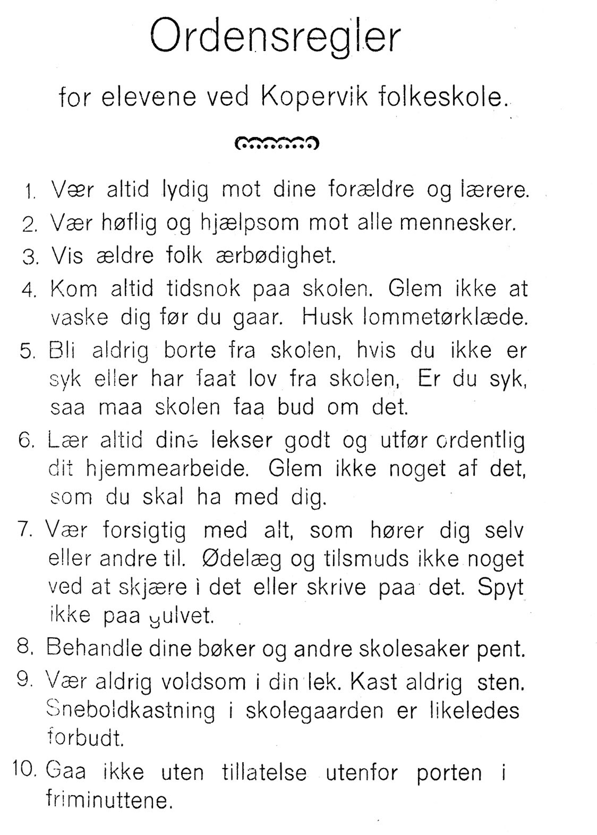 Kopervik skole - Ordensregler