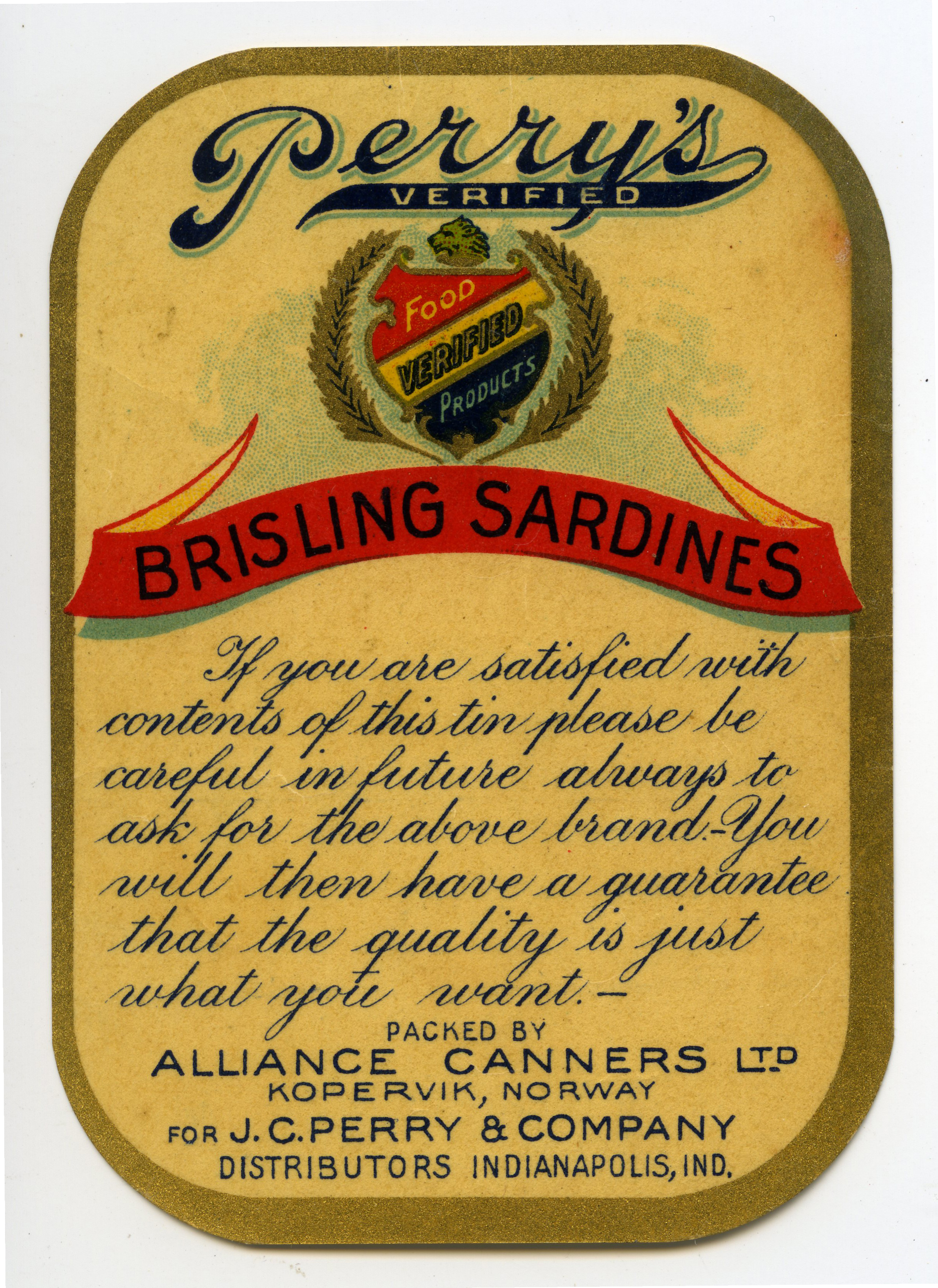 "Perry´s" - sardiner i olivenolje Pakket av Alliance Canners Ltd. for J. C. Perry & Company Distributors, Indianapolis, Indiana, USA Laget av: S.L.A.