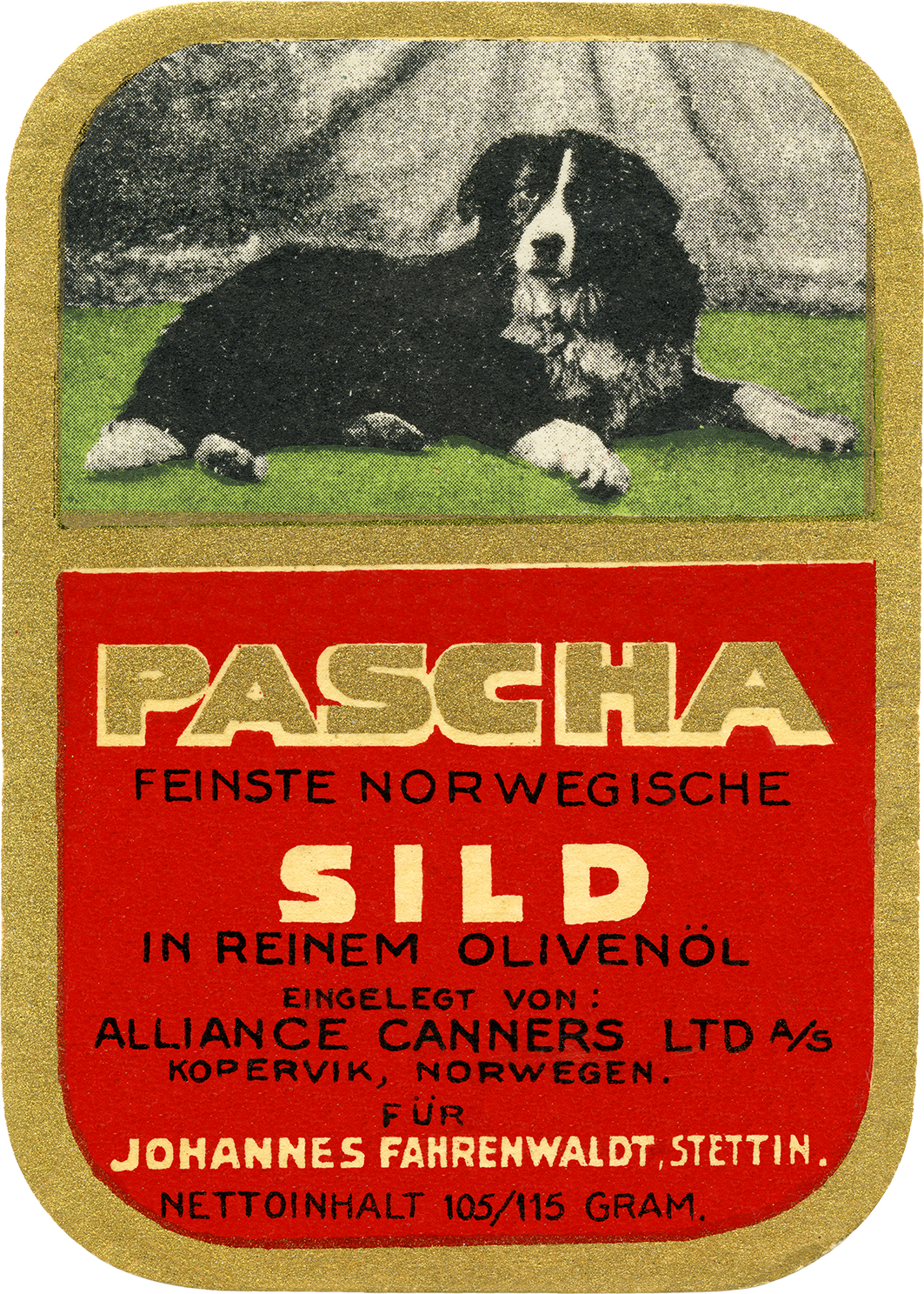 "Pascha" - sardiner i olivenolje Pakket av Alliance Canners Ltd AS for Johannes Fahrenwaldt, Stettin (Tysk tekst)
