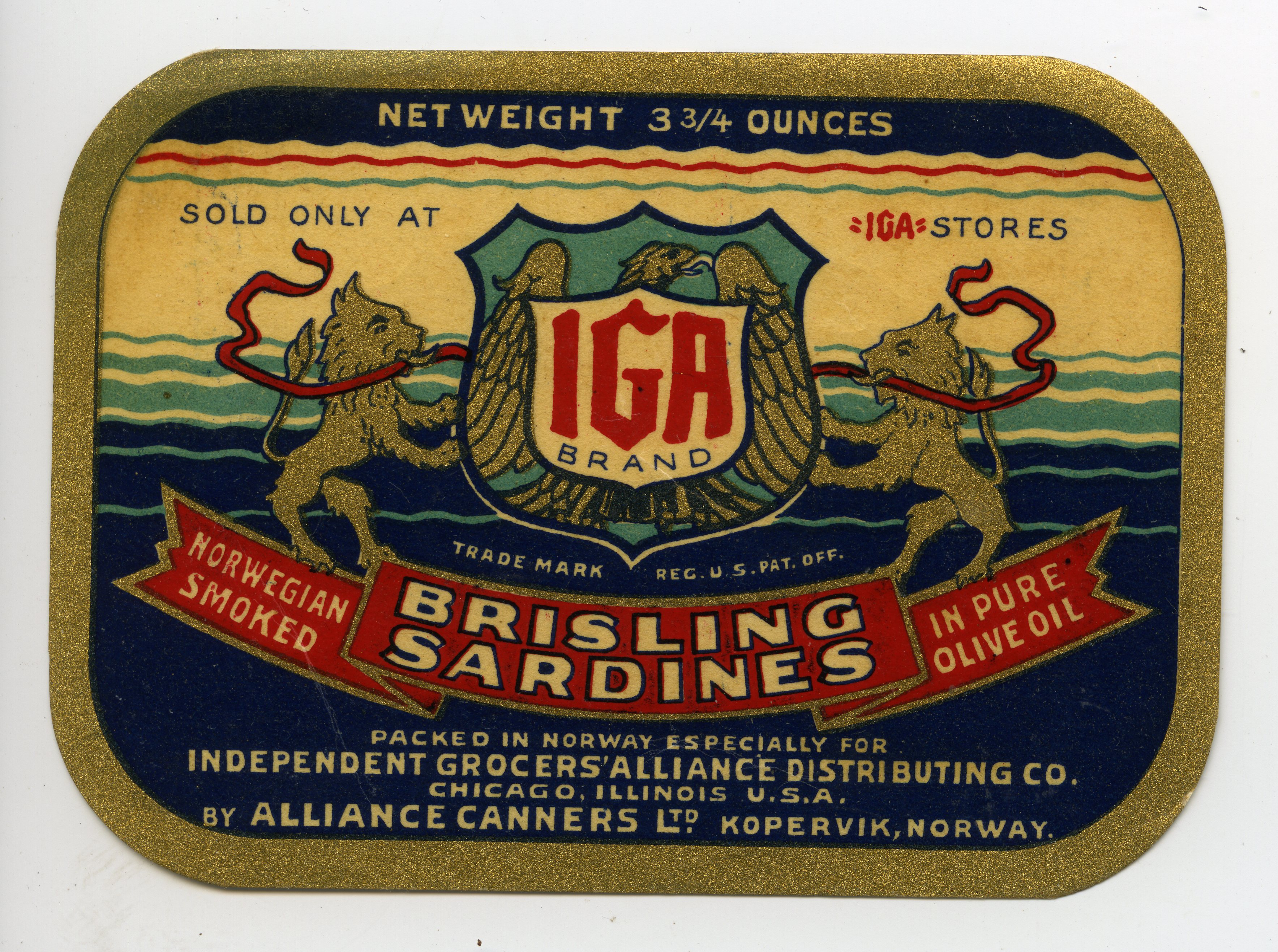 Pakket av Alliance Canners Ltd. for Independent Grocersàlliance Distributing Co., Chicago, Illiois, USA