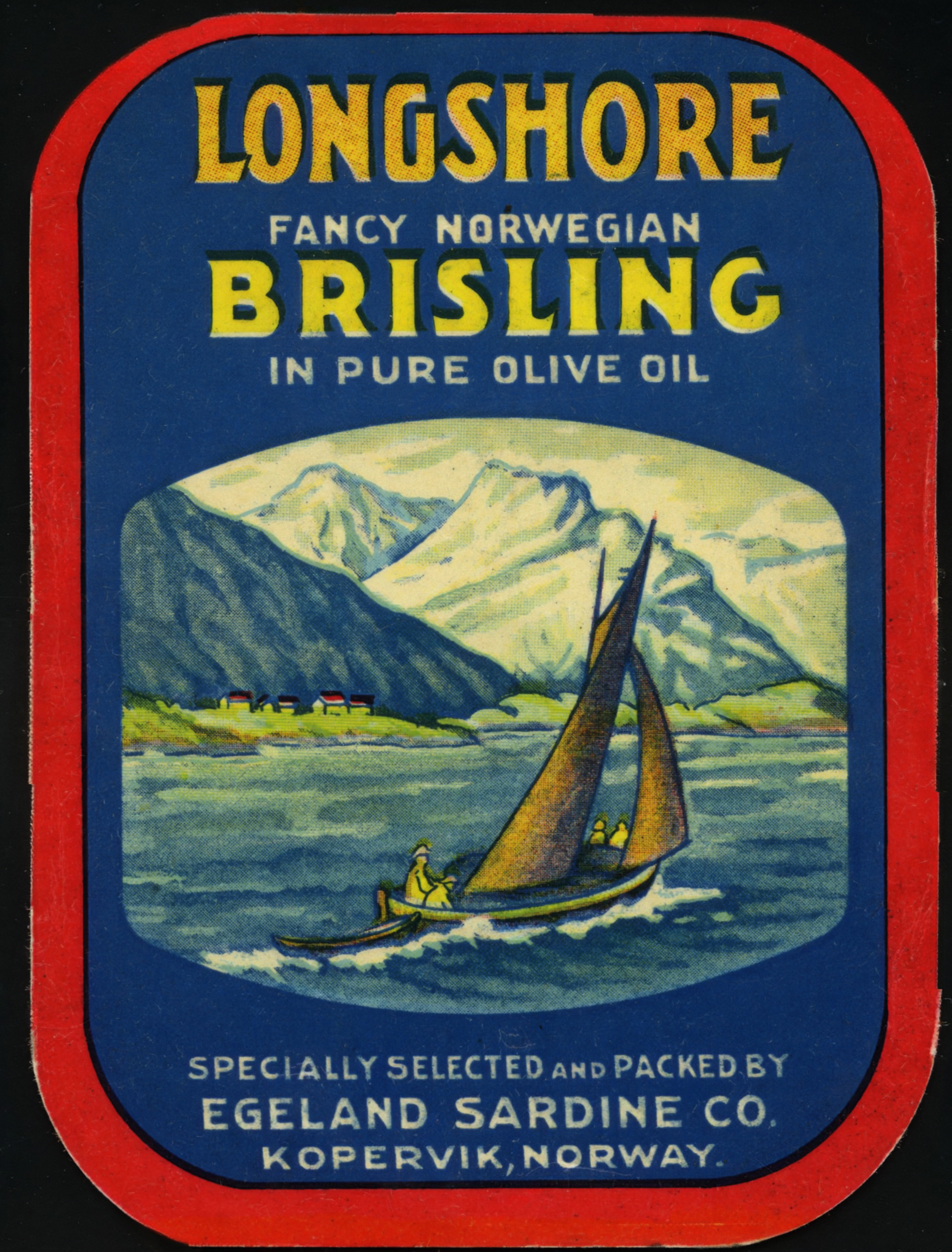 Longshore brand. Her har Egeland Sardine Co, Kopervik . Pakket for en utenlandsk exportør. Peek Bros. & Winch Ltd. England i 1931.