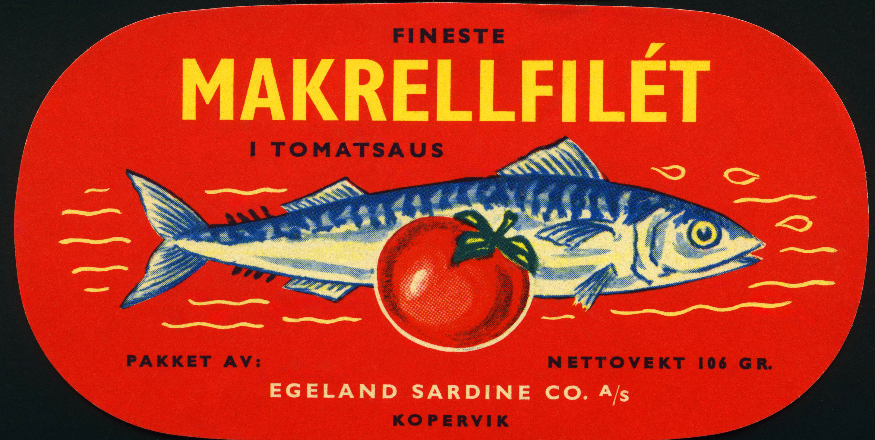 Makrell i Tomat fra Egeland Sardine CO. A/S  , Kopervik. Egeland Sardine var i produksjon fra 1923 til 1960 ?.