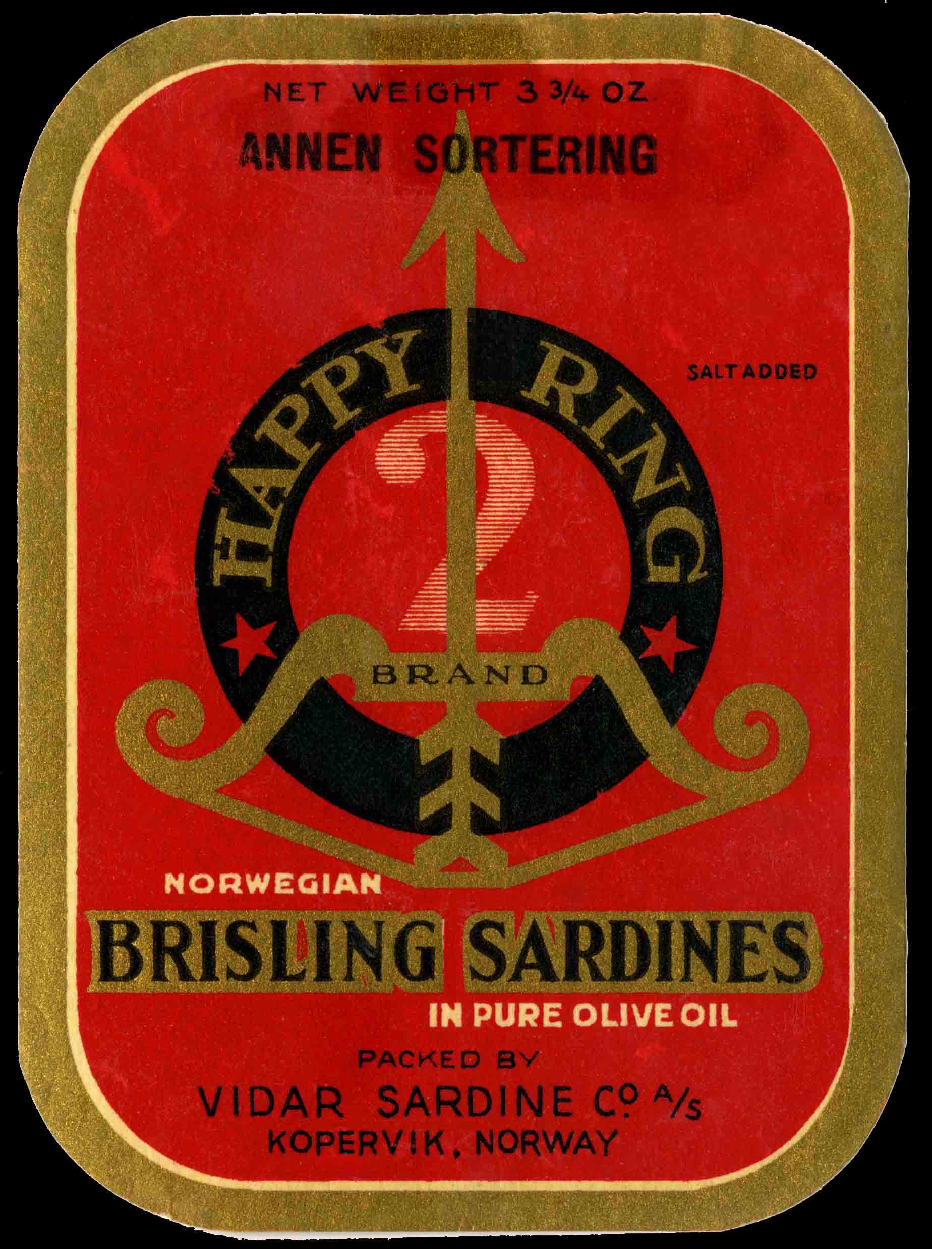 "Happy Ring" Pakket av Vidar Sardine Co, A/S for annen fabrikk. . Ble ganske vanlig at fabrikker pakket for hverandre.