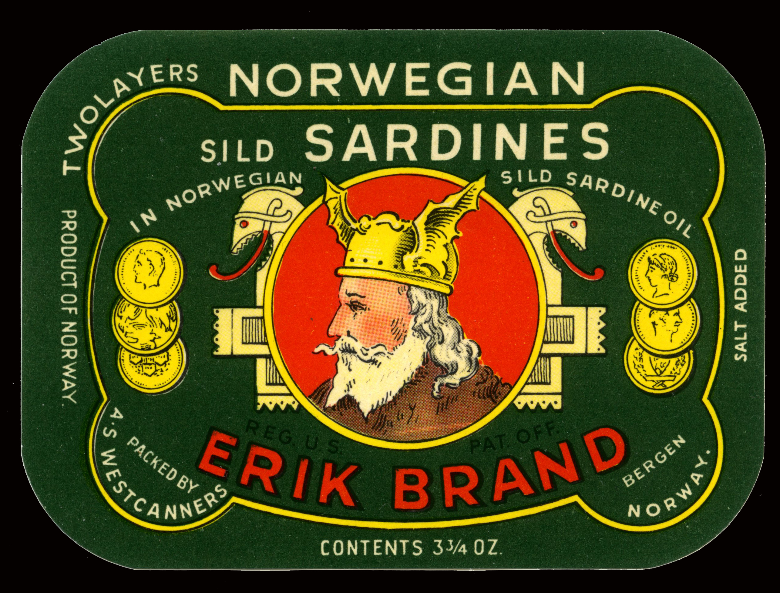 "Erik Brand" ble pakket ved Westcanners A/S, Kopervik. Westcanners ble etablert i Stangelandsvågen nordside 1937 i de tidligere lokalene til "The Norwegian Sardine Factories" NO-SA-Fa. Det var et firma i Bergen som etablerte seg der.