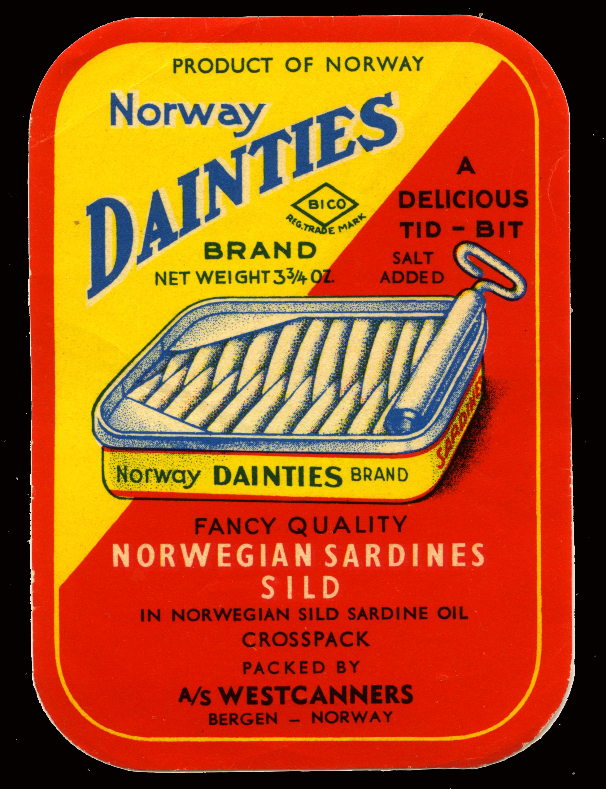 "Norway Dainties" ble pakket ved Westcanners A/S, Kopervik. Westcanners ble etablert i Stangelandsvågen nordside 1937 i de tidligere lokalene til "The Norwegian Sardine Factories" NO-SA-Fa. Det var et firma i Bergen som etablerte seg der. Tidlig 1930 årå ble det vanlig å merke etikettene der hvor hovedkontoret var, ikke hvor fabrikken var.